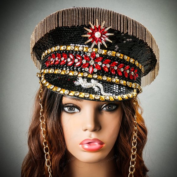 Festival Rave Burning Man Captain Hat Black Gold Military Cap with Gold Chain main image 10